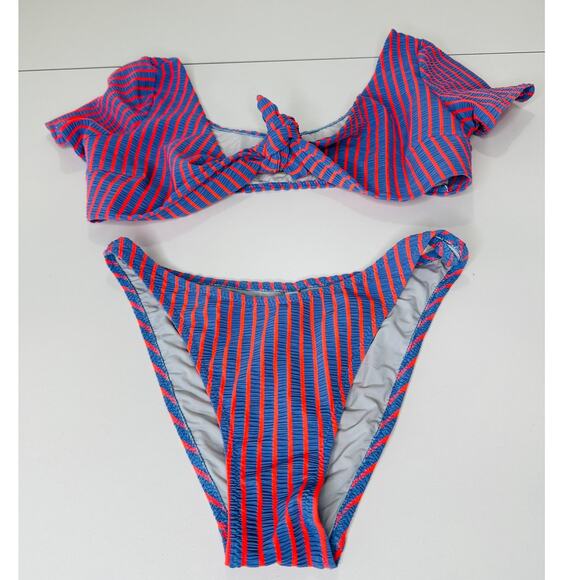 Solid & Striped Lilac & Orange Striped Front Tie Bikini 2 Piece Bathing Suit M - Picture 4 of 12